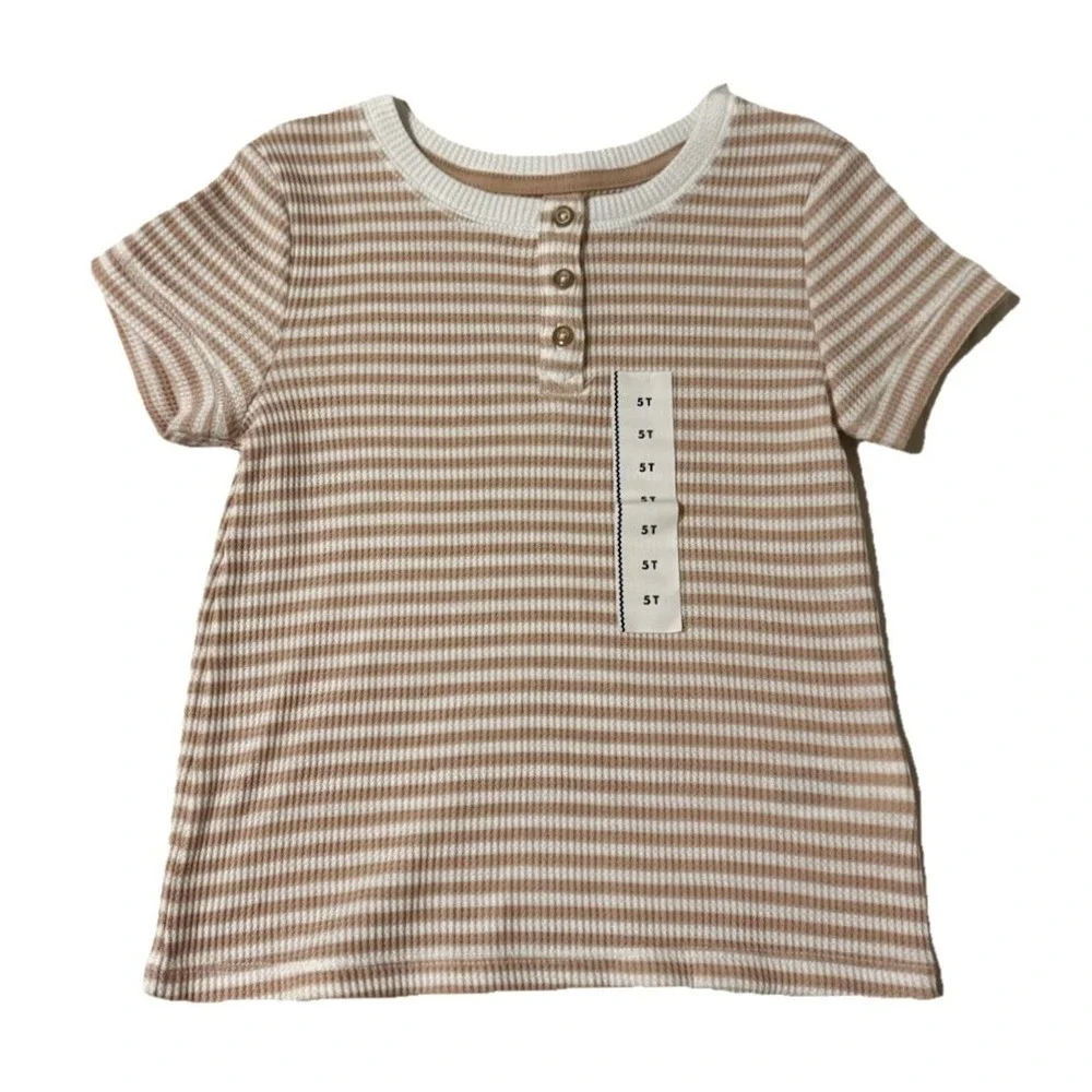 Cat & Jack Girls 5T Henley Shirt Waffle Knit Tan Beige White Striped Buttons NWT